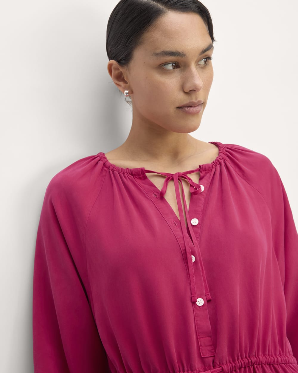 The TENCEL™ Gathered Maxi Dress in Red Currant — detail view