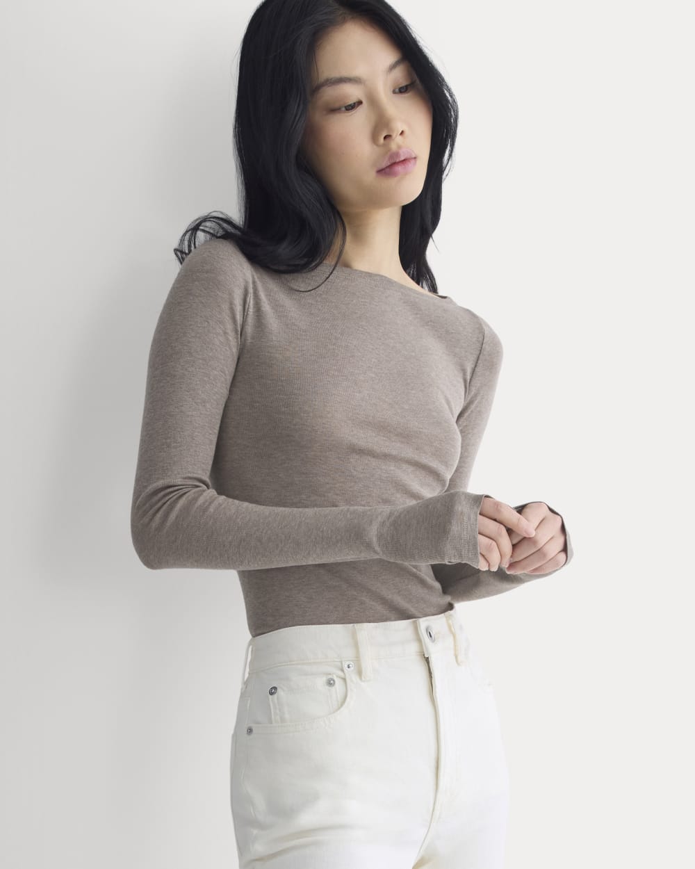 Tissue Boatneck Top in Heathered Chocolate Chip — detail view