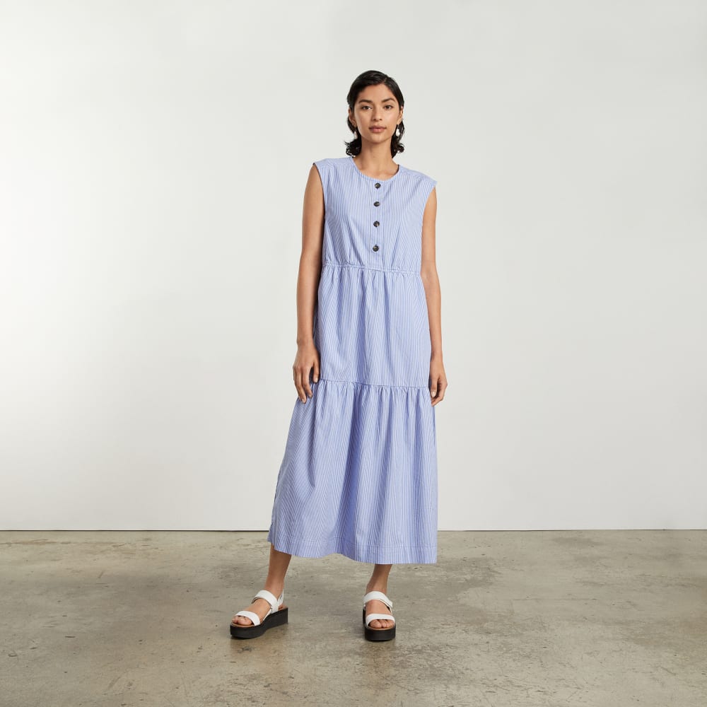 The Tiered Midi Dress in White / Blue Mini Stripe — alternate view