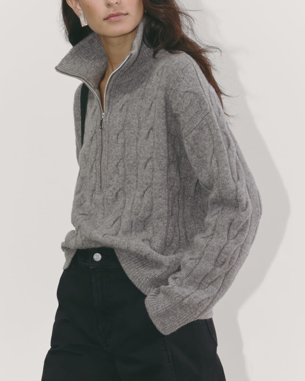 The Cable Half-Zip in Luxe Merino in Heathered Mid-Grey — detail view