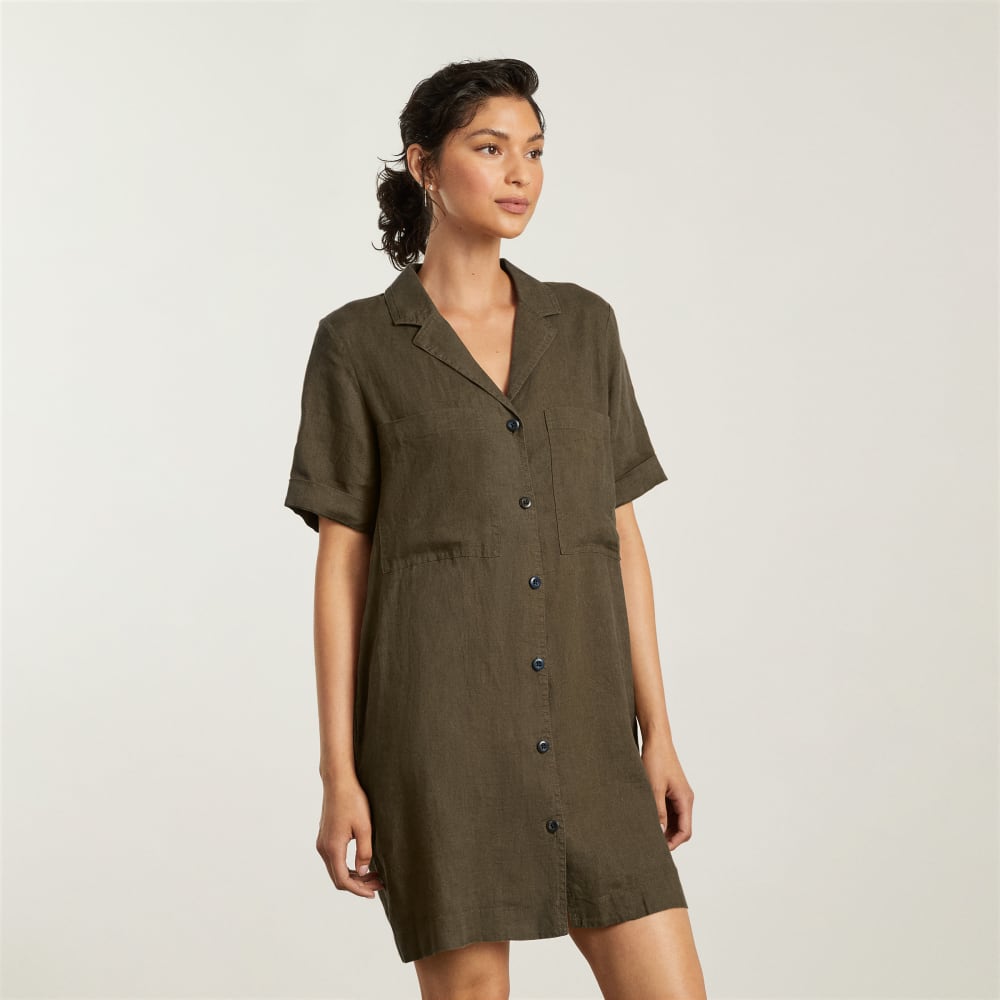 The Linen Workwear Dress in Beech — detail view