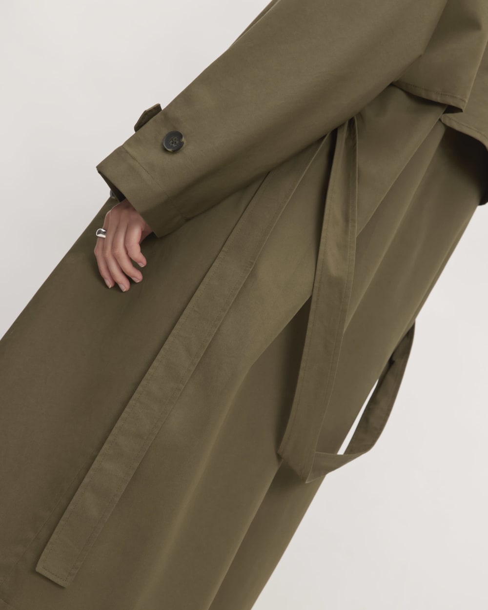 The Cotton Long Trench Coat in Beech — detail view