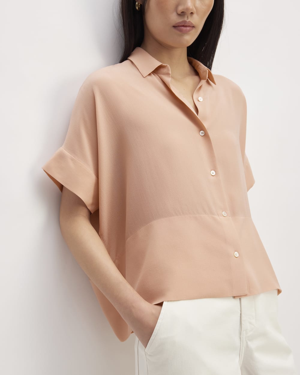 The Boxy Shirt in Washable Silk in Blush Pink — detail view