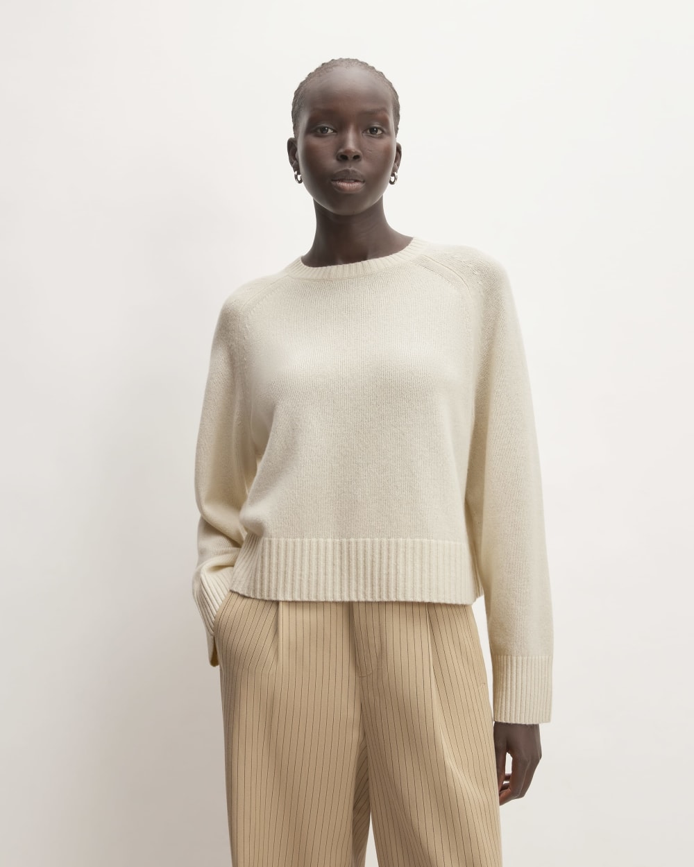 The Boxy Crew in Cashmere in Bone — front view