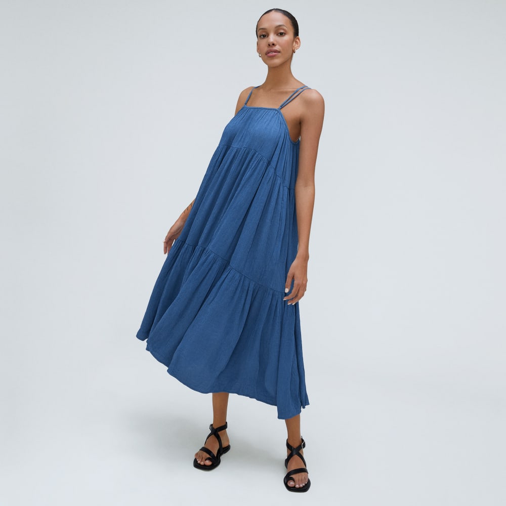 The Naia™ Ripple Tiered Maxi Dress in Deep Blue — detail view