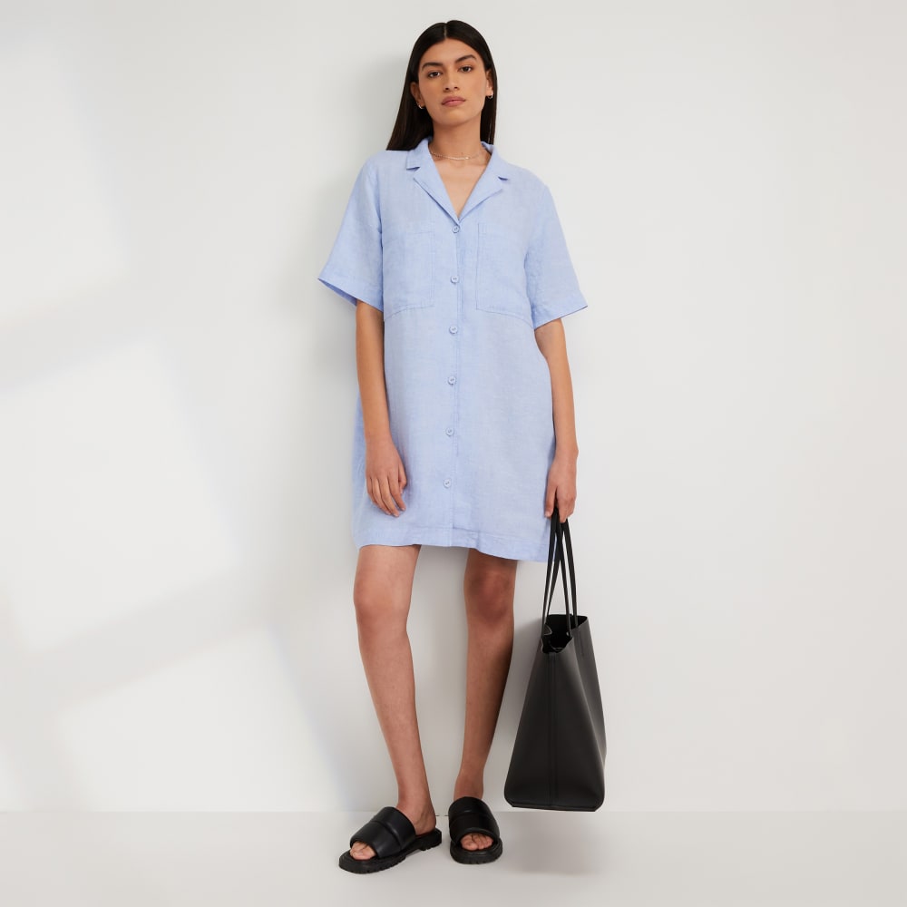 The Linen Workwear Dress in Light Blue — front view