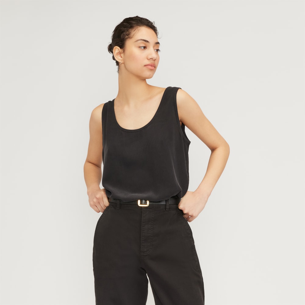 The Scoop Tank in Washable Silk in Black — front view