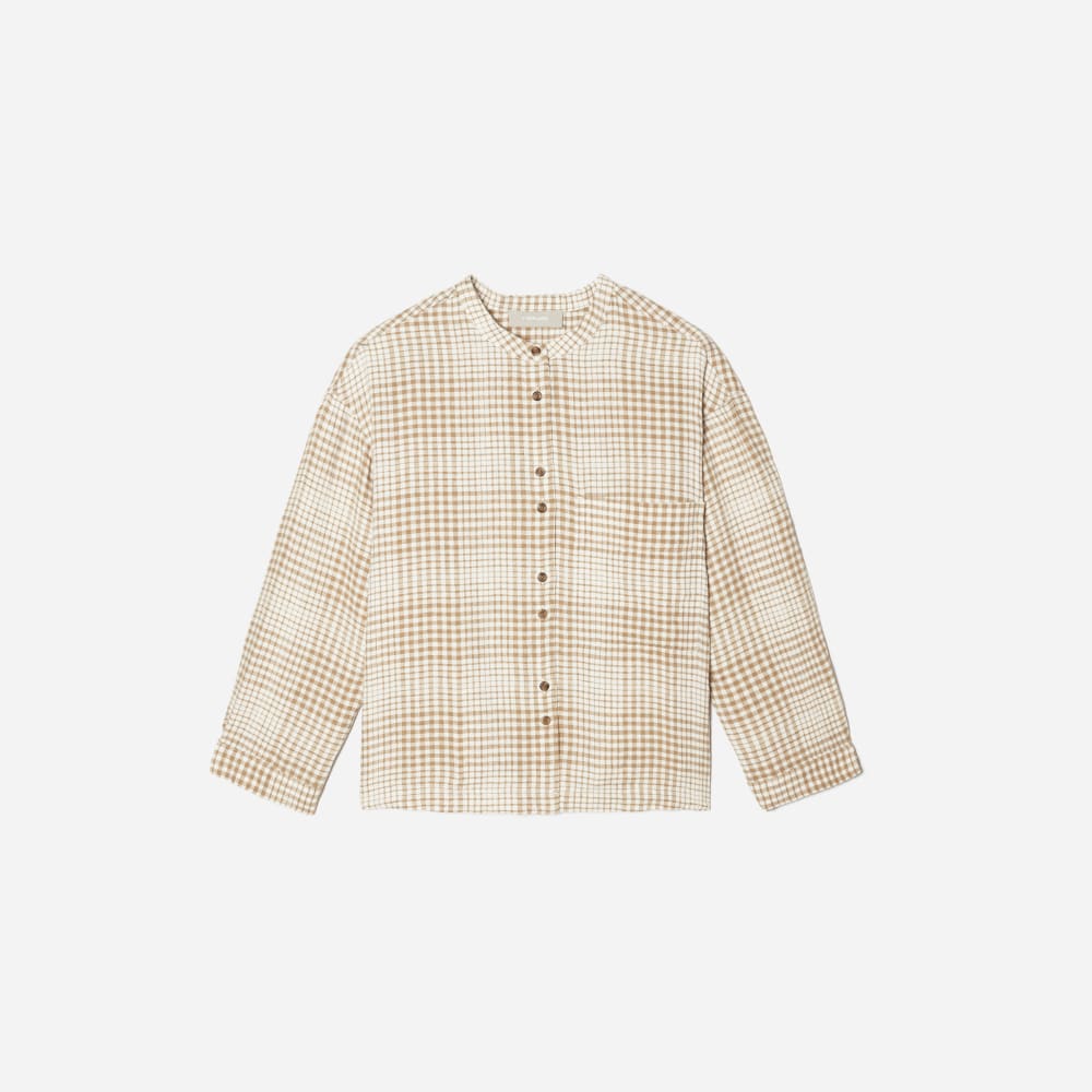 The Linen Billow Blouse in Iced Coffee Grid — front view