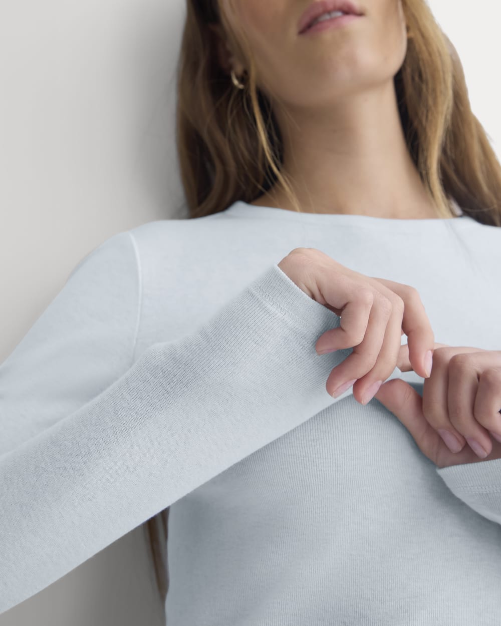 Tissue Long-Sleeve Crew in Skywriting — detail view