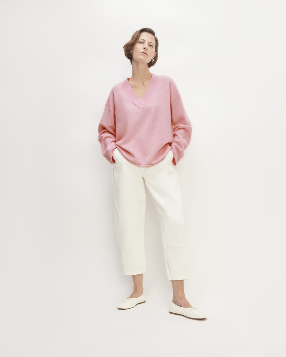 The Cozy-Stretch V-Neck Sweater in Pink Peony — detail view
