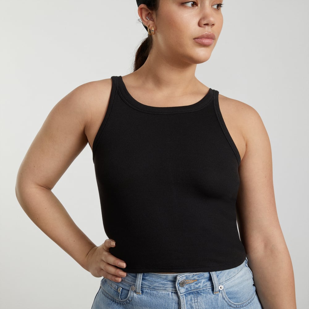 The Pima Micro-Rib Short Tank in Black — detail view
