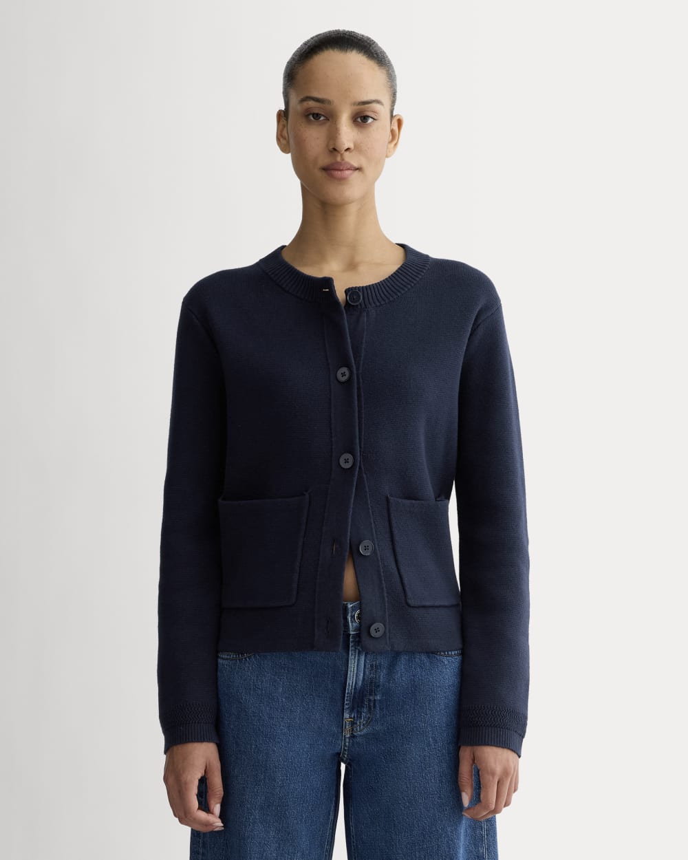 The Crew Cardigan in Everyday Cotton in Navy — front view