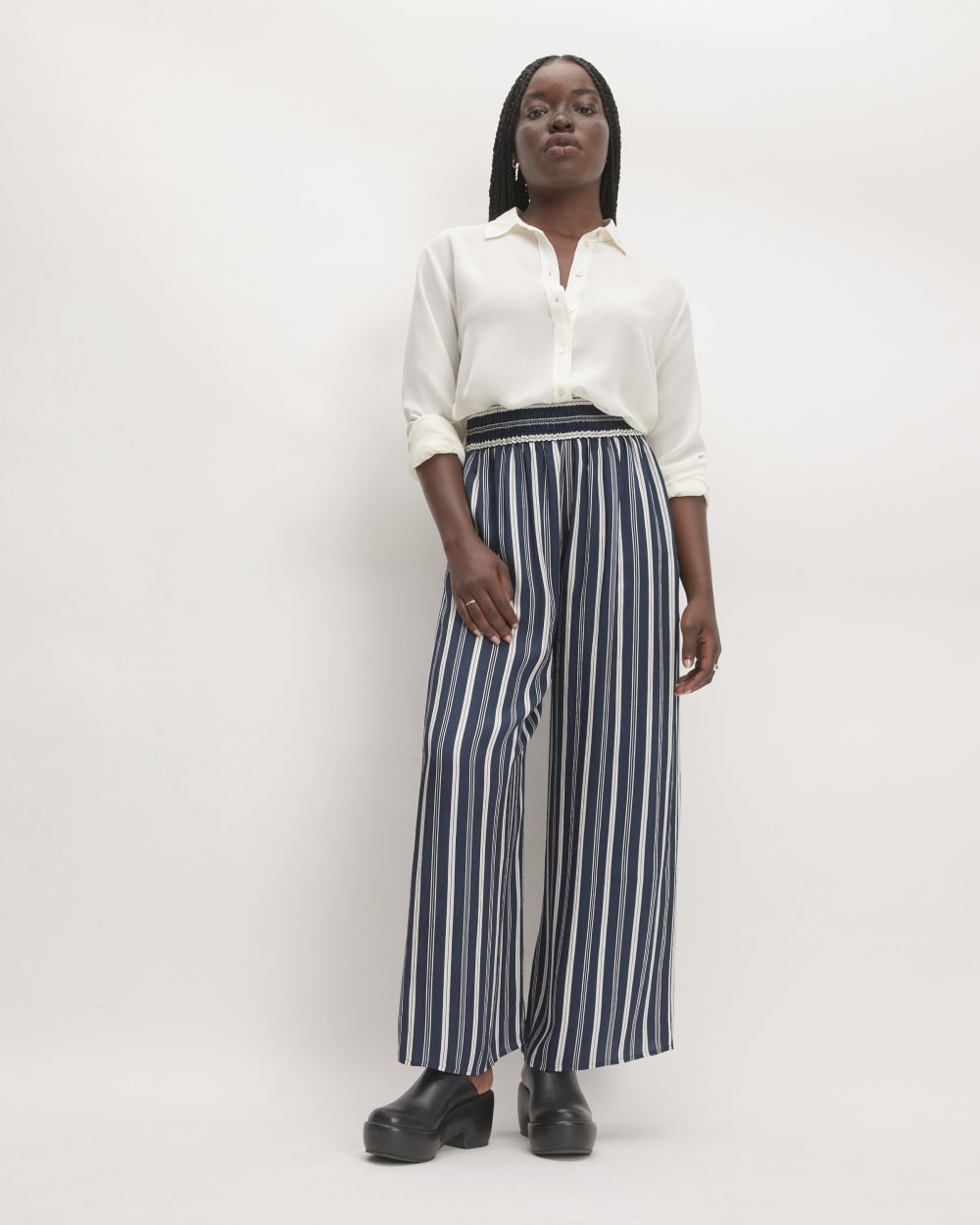 The Satin Pull-On Pant in Navy / Bone — detail view