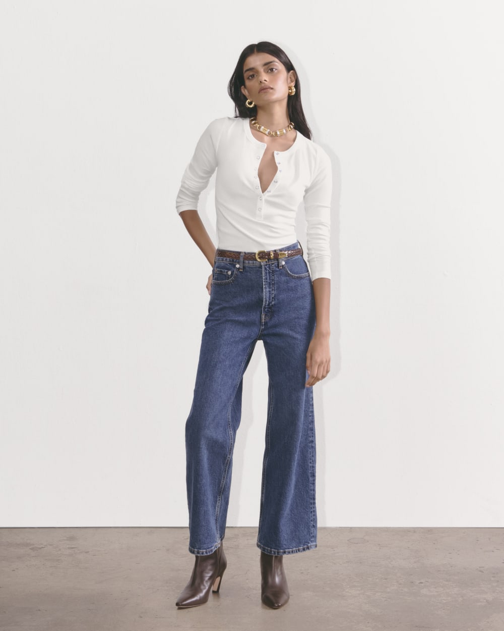 The Luxe Rib Henley in White — detail view