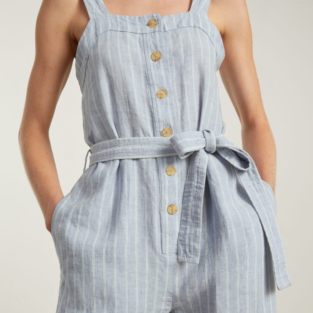 The Linen Jumpsuit in Light Blue / White — detail view