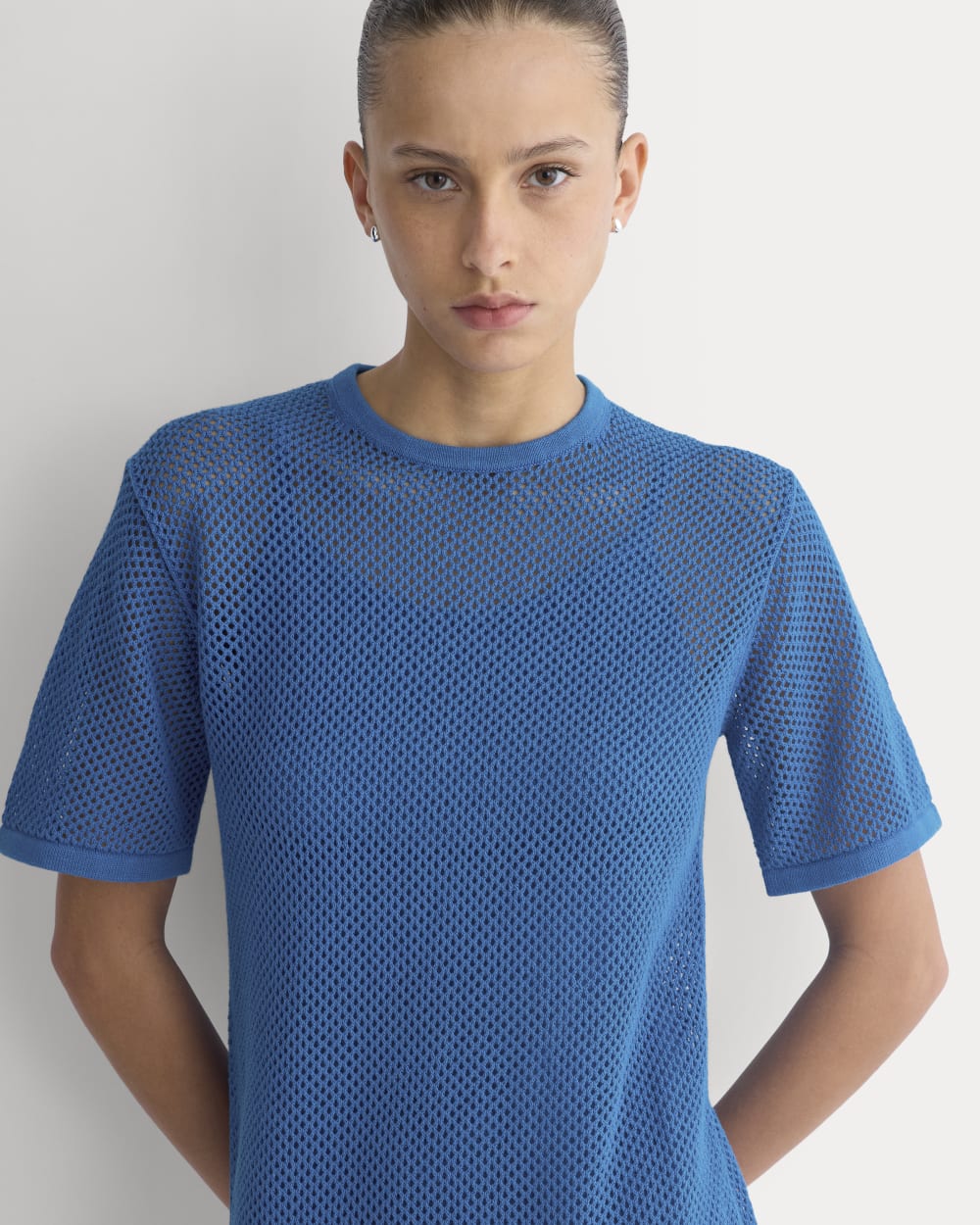 Mesh-Knit Short-Sleeve Dress in Imperial Blue — detail view