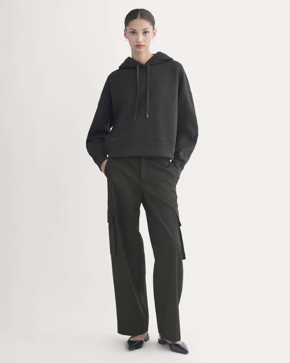 Cropped Luxe Fleece Hoodie in Black — detail view