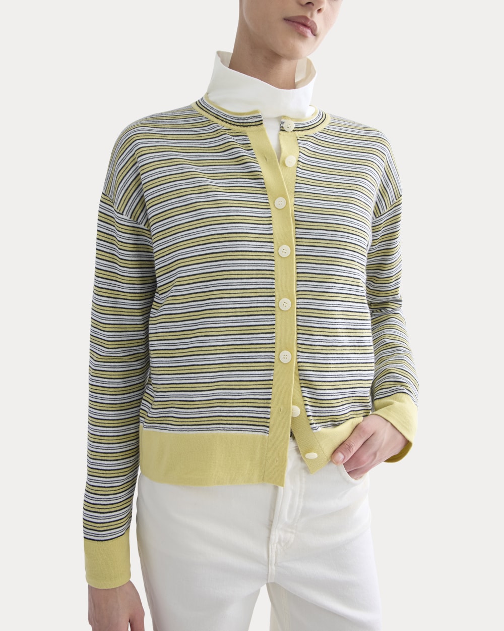 Crew Cardigan in Ultrasoft Merino in Double Cream Multi Stripe — detail view
