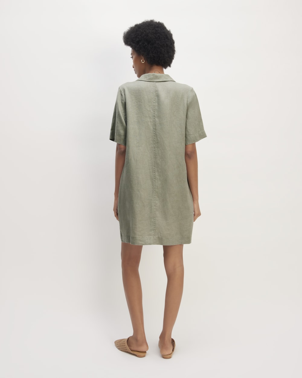 The Shirtdress in Linen in Sage Green — detail view