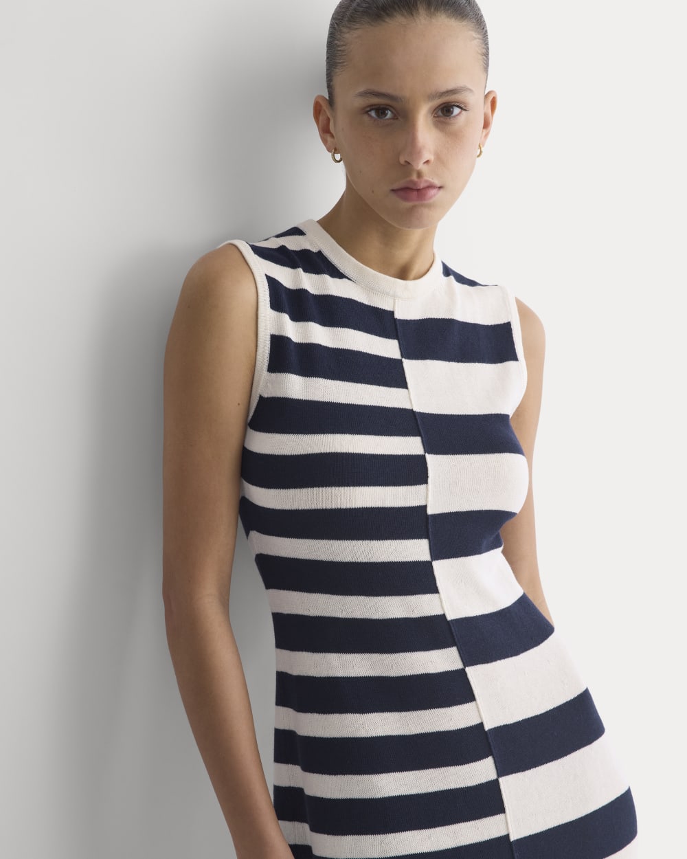 Striped Sweater Midi Dress in Bone/True Navy Duo Stripe — detail view