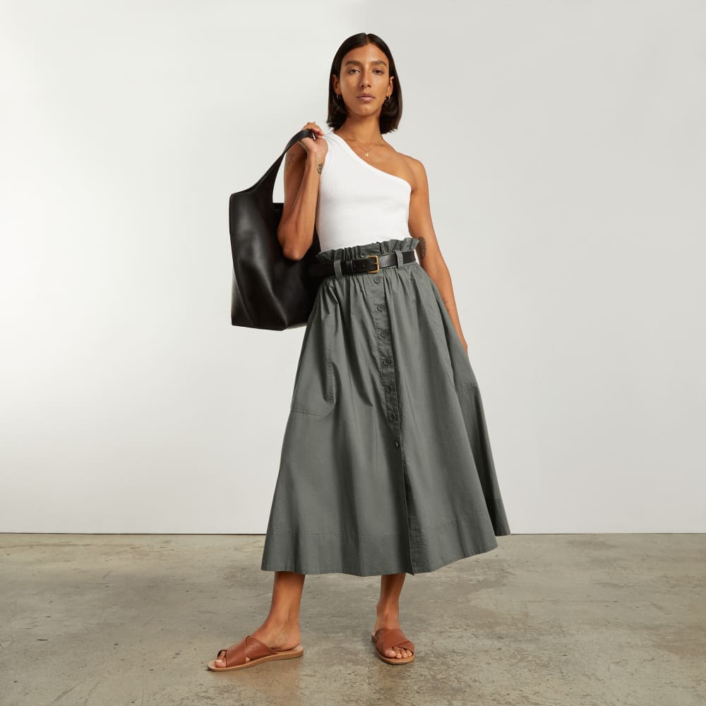 The Easy Button-Front Skirt in Pewter Green — detail view