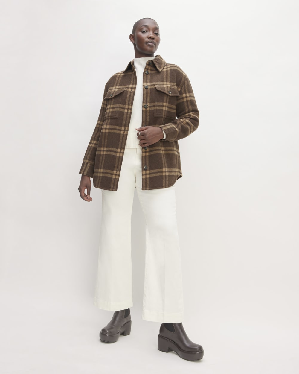 The Italian ReWool® Oversized Shirt Jacket in Brown / Camel — detail view