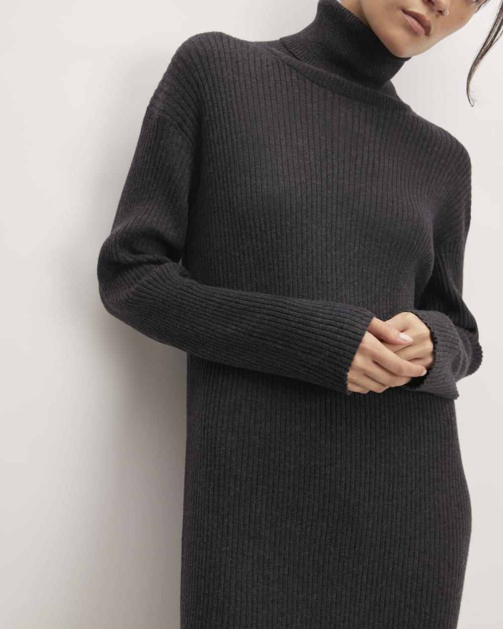 The Cotton-Merino Turtleneck Dress in Heather Charcoal — detail view
