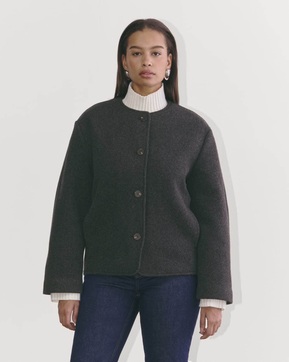 The Cocoon Coat in Wool in Heather Charcoal — front view