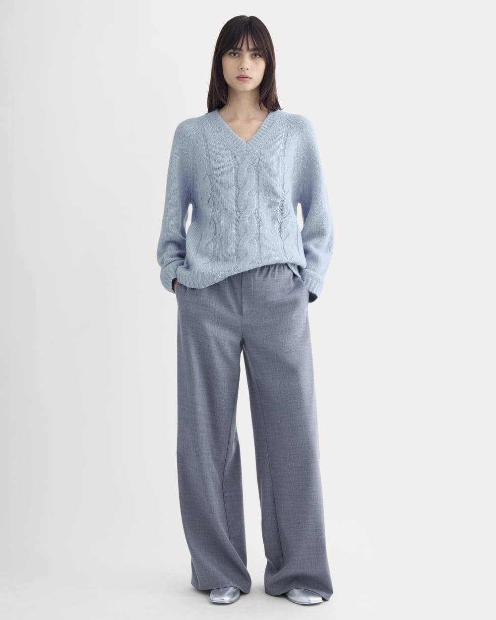 Cloud Cable V-Neck Sweater in Forever Blue — detail view