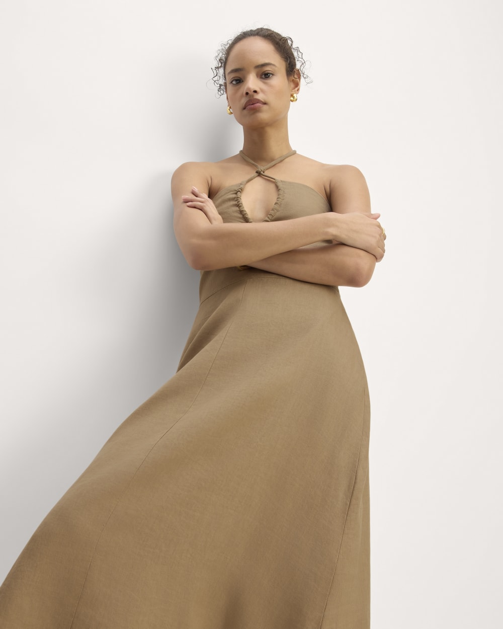 The Linen Halter-Neck Dress in Tiger's Eye — detail view