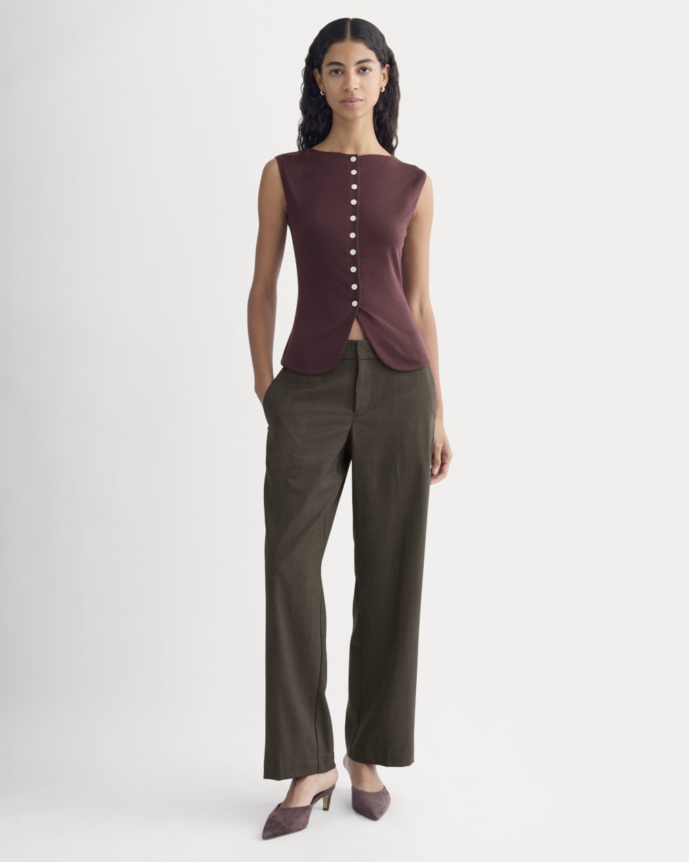 Sleeveless Button-Up in Butterluxe in Deep Plum — detail view