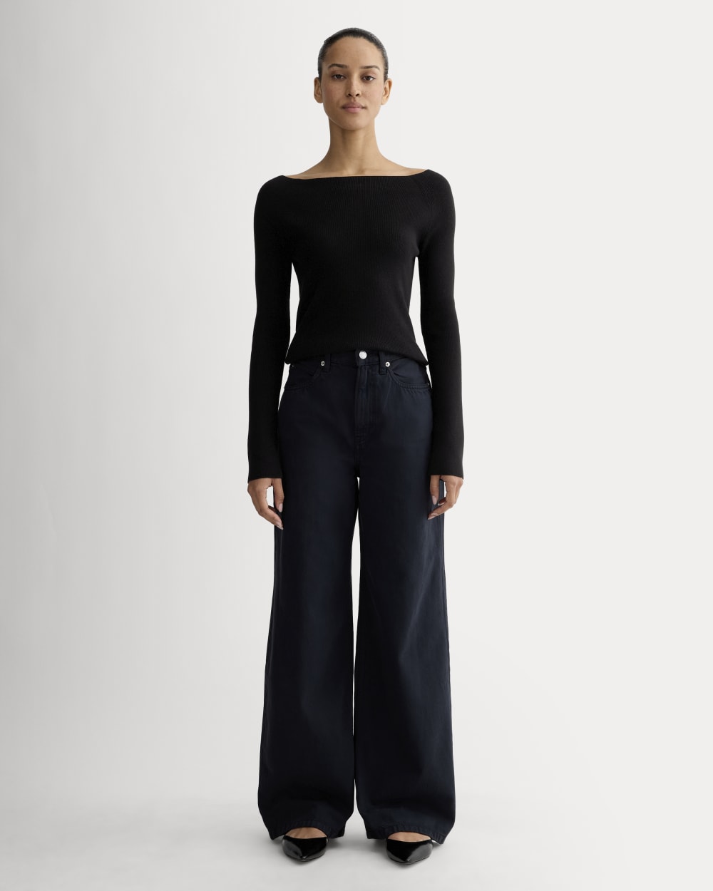 The Knit Boatneck Top in Black — detail view