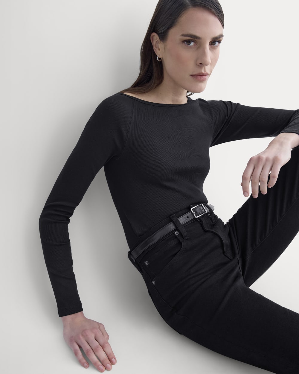 Luxe Rib Boatneck Top in Black — detail view