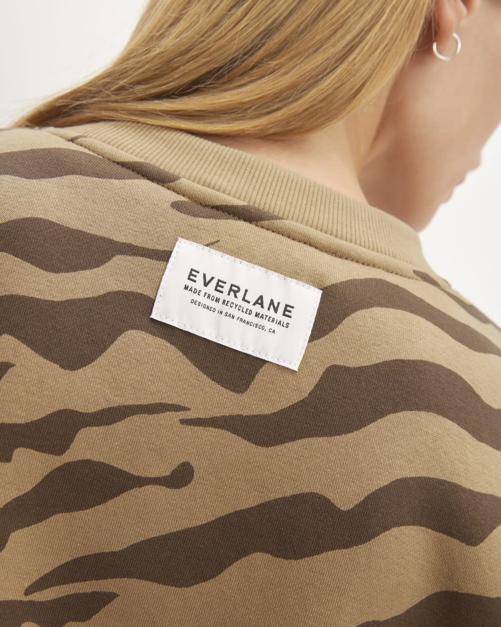 The ReTrack Oversized Crew in Cocoa Tiger Stripe — detail view