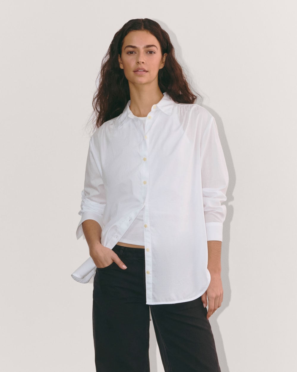 The Gathered Shirt in Silky Cotton in White — front view