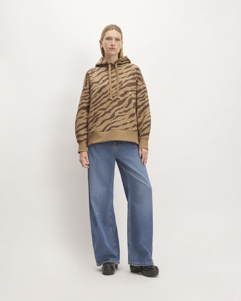 The ReTrack Hoodie in Cocoa Tiger Stripe — detail view