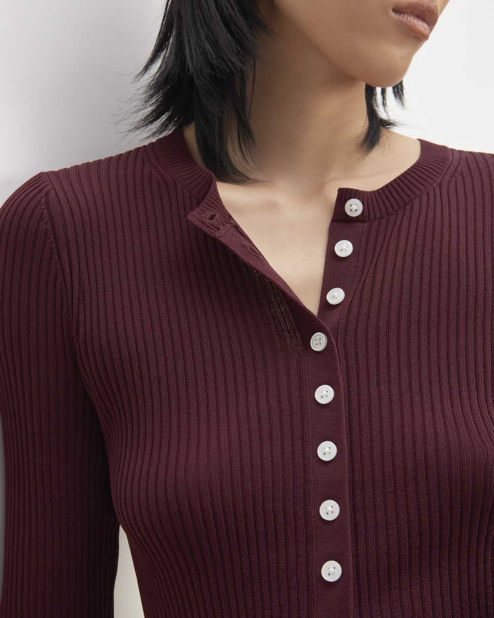 The Ribbed Cropped Cardigan in Burgundy — detail view