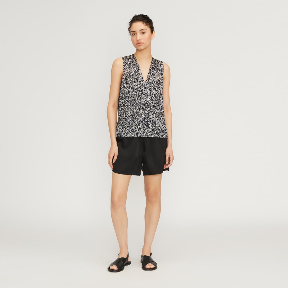 The Satin V-Neck Top in Splatter — detail view