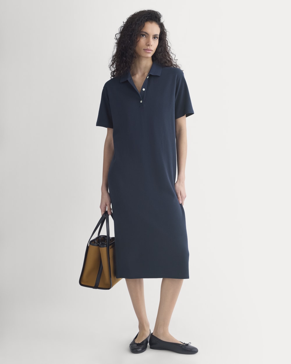 Pique Polo Short-Sleeve Dress in Navy — front view