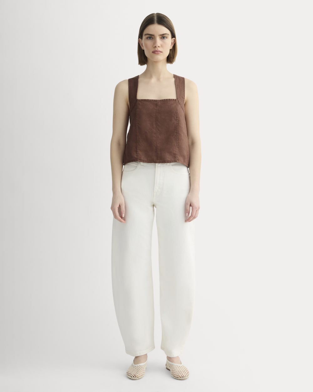The Crossback Tank in Linen in Cedarwood — detail view