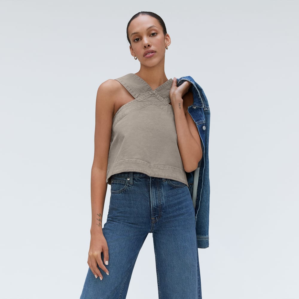 The Cross-Front Apron Top in Clay — detail view