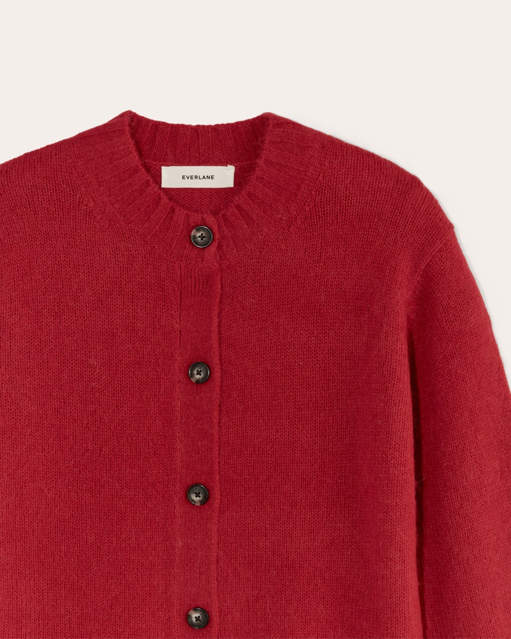 The Crew Cardigan in Alpaca in Berry Red — detail view