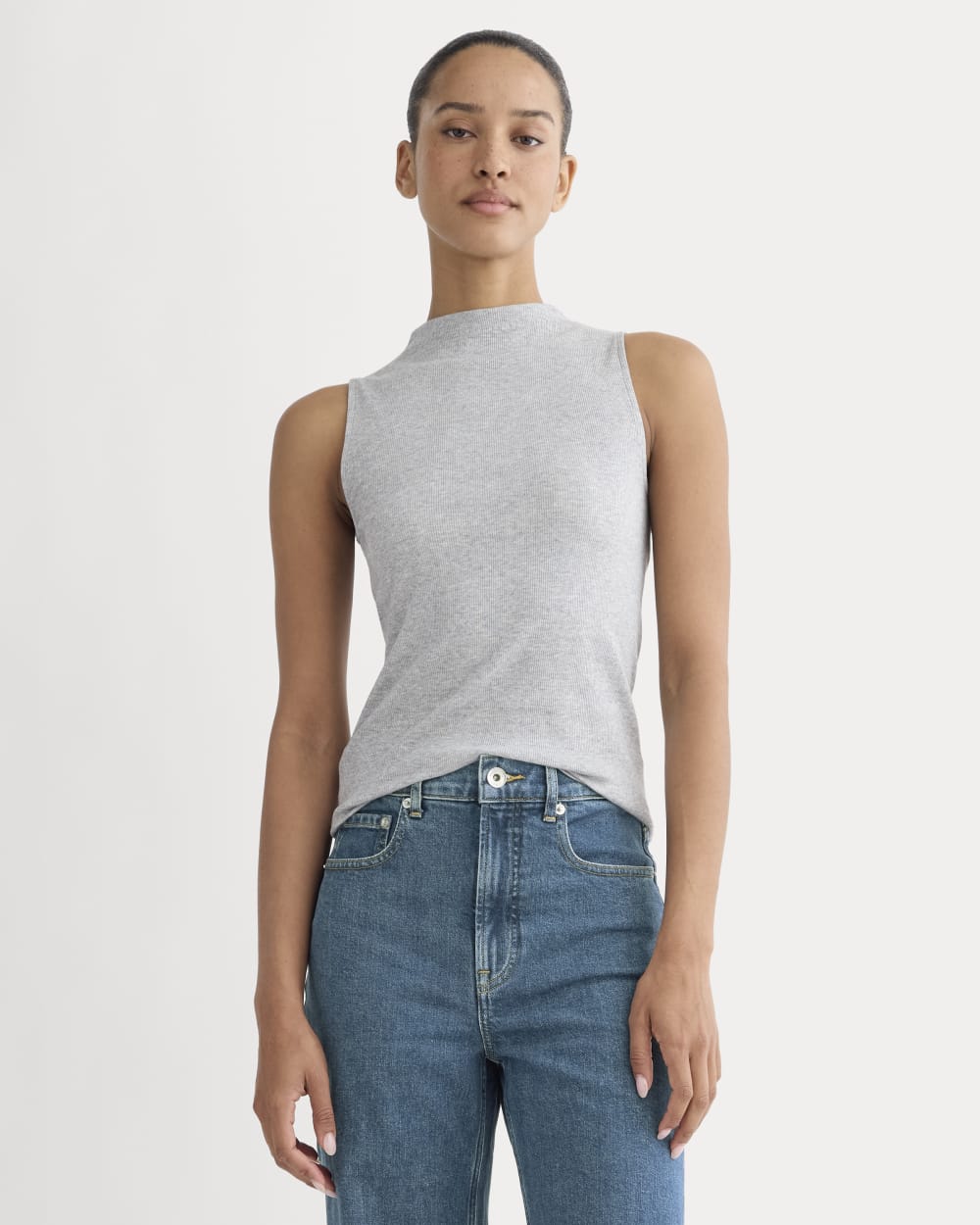 The Luxe Rib Funnel-Neck Tank in Classic Heather Grey — front view