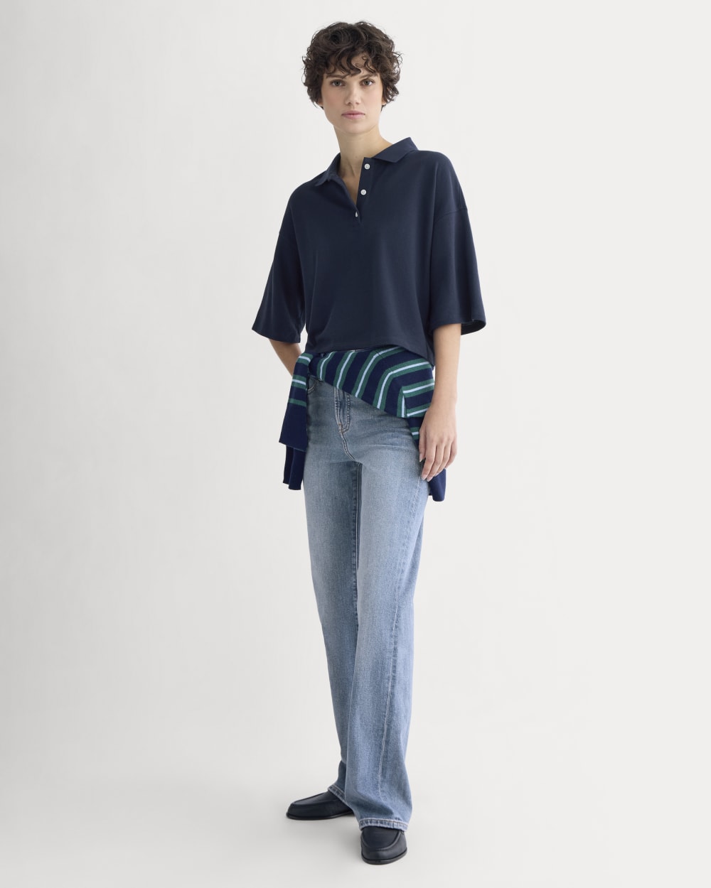 Pique Boxy Polo in Navy — detail view