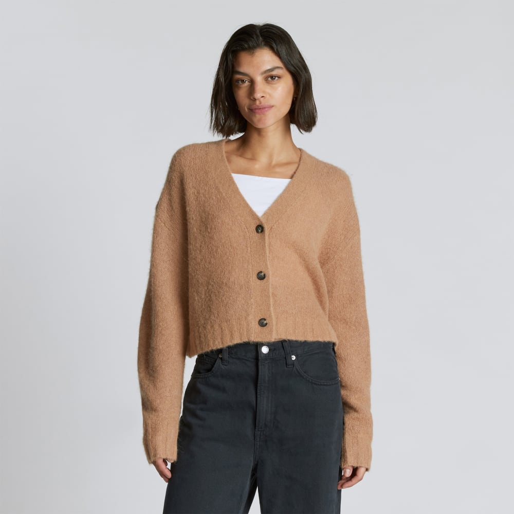 The Alpaca V-Neck Cropped Cardigan in Warm Taupe — front view