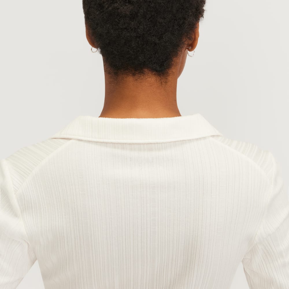 The Rib Soft Knit Open Collar Polo in Bone — detail view