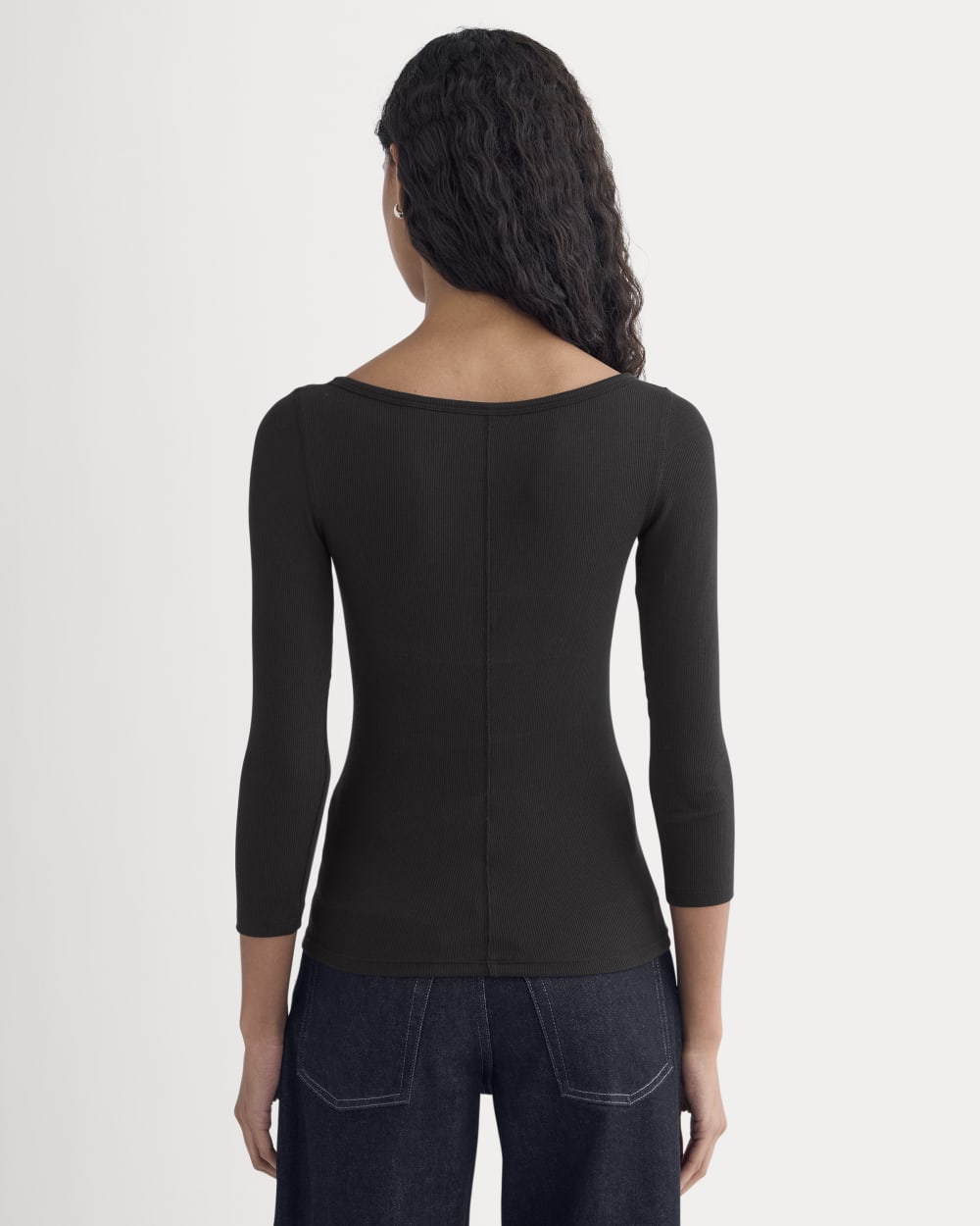 Luxe Rib 3/4 Sleeve Boatneck Tee in Black — detail view