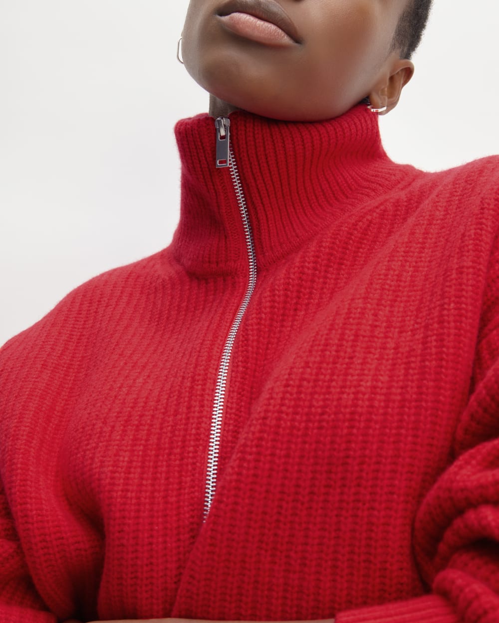 The Half-Zip Sweater in Luxe Merino in Classic Red — detail view