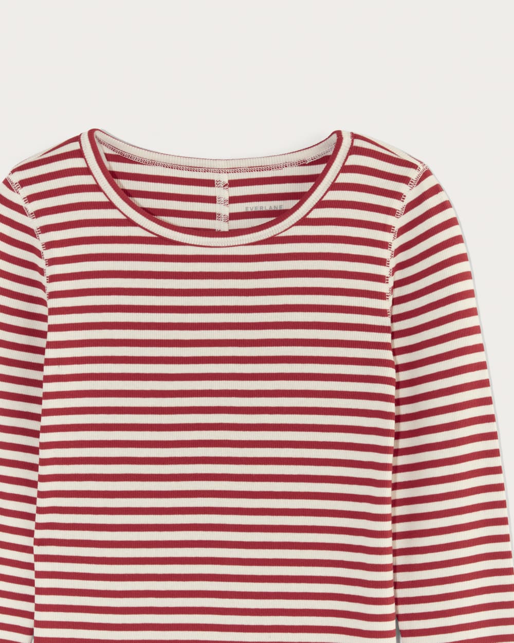 The Luxe Rib Long-Sleeve Crew in Bone / Berry Red — detail view