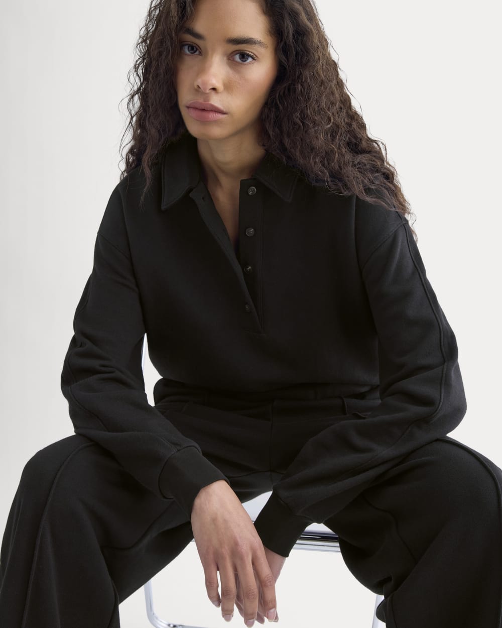 Lightweight Terry Polo Sweatshirt in Black — detail view